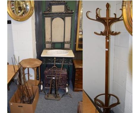 A Victorian painted cast iron marble top wash stand (mirrors lacking), together with an enamelled ''Phebus'' cast iron stove,