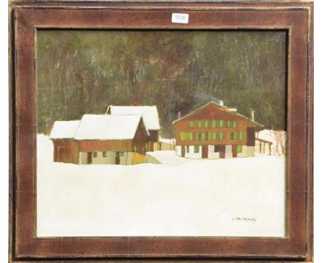 Guerino Paltenghi (b.1935) Swiss, Houses in snow, signed, oil on panel, 48cm by 58.5cm   Artist's Resale Rights/Droit de Suit