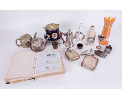 A mixed collection to include silver plated wares, stamps, hip flask, Carnival glass, stoneware bottle 'Plymouth Breweries' e