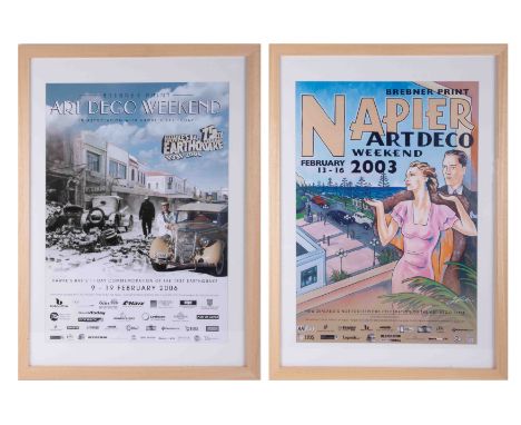 Two Brebner Print 'Art Deco Weekend' posters, 58cm x 40cm, framed and glazed.