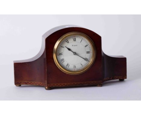 A mahogany and inlaid cased eight day mantel clock, width 27cm.