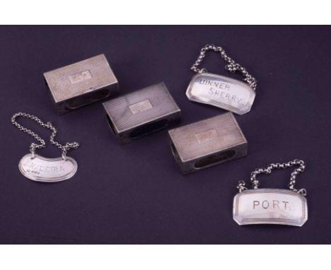 Three silver matchbox holders, P &amp; B Limited, engine turned, also decanter labels, Dinner, Sherry, Madeira &amp; Port (6)