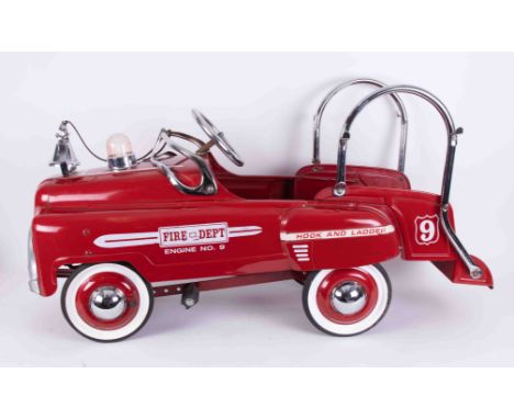 A tin plate child's pedal car, Fire Engine circa 1950/1960's, original red paint, chrome good, and lights with bell.