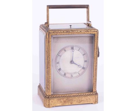 A mid 19th century French striking carriage clock, the silvered dial signed 'Bolviller, Paris', 3 keys holes on reverse, move