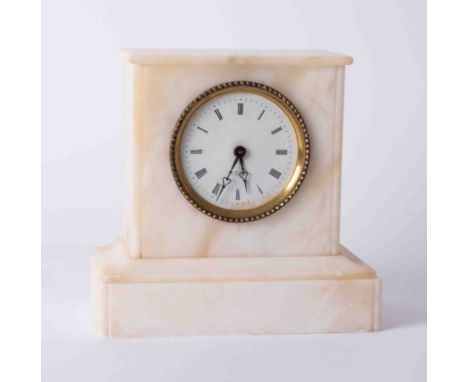 A French alabaster mantel clock, the movement signed Brevete, A. Paris, the dial signed Collet, Paris, height 18cm.