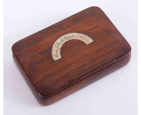 A wood snuff box with inset plaque marked 'House of Lords, burnt October 16th 1834', 11cm x 7cm.