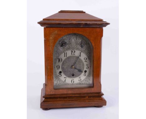 A mahogany German mantle clock, circa 1900-1910, chiming movement, with key and pendulum, height 40cm.