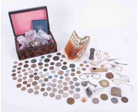 A mahogany box comprising general coinage, vintage lighter, sundry objects, coin and medal book.