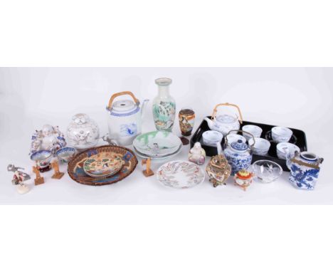 A 20th Century Oriental porcelain tea service on tray together with various other Oriental porcelain containers, Tatung ware,