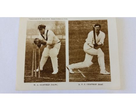 CRICKET, supplement print to Boys magazine, Famous Cricketers in Action, Ponsford & Carr and Oldfield & Chapman, G to VG, 2