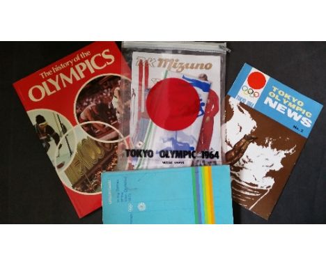 OLYMPICS, selection, inc. 1972 Munich Official Guide, 1964 Tokyo Mizuno scarf, badge; book, History of Olympics 1976 etc., G 