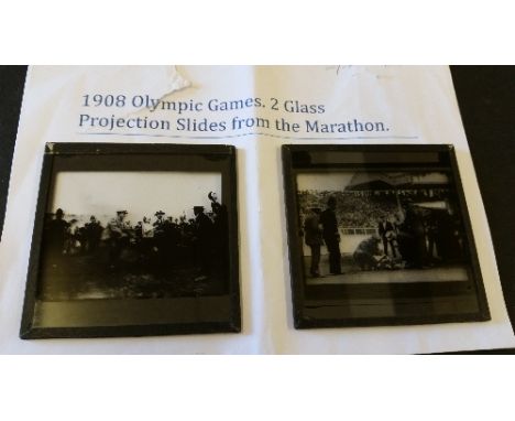 OLYMPICS, two glass slides from the 1908 London Olympiad, showing Dorando being helped and then collapsing after the end of t