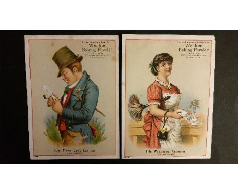 TRADE, two large paper cards for Windsor Baking Powder, His First Love Letters (from America) & The Welcome Answer (from Old 