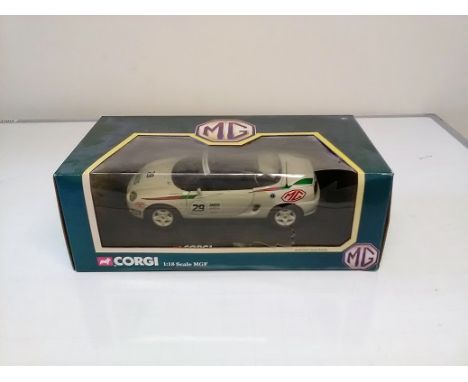 MGF 1.8i VVC Roadster Die cast 1:18 scale model car. Corgi MG series. In original box with hole and tear in plastic. Car in g