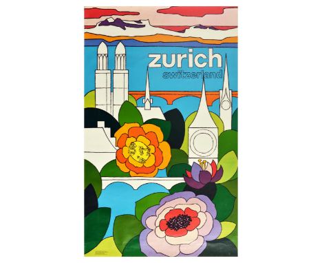 Original vintage travel poster promoting Zurich in Switzerland, featuring a colourful psychedelic design by Angelica Grazioli