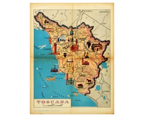 Original vintage poster featuring a map of Toscana / Tuscany in Italy. The map is illustrated with pictures of the region’s a