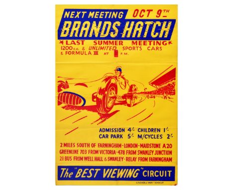 Original vintage sports poster Brands Hatch racing for the Last Summer Meeting held at the famous circuit on October 9th, 195