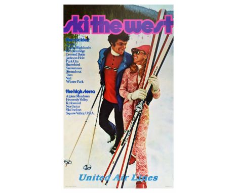 Original vintage travel poster issued by the United Air Lines Inc - Ski the West, featuring a photograph of a smiling couple 