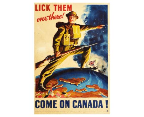 Original vintage Canadian World War Two propaganda poster titled Lick Them Over There! – Come On Canada! The image shows a Ca