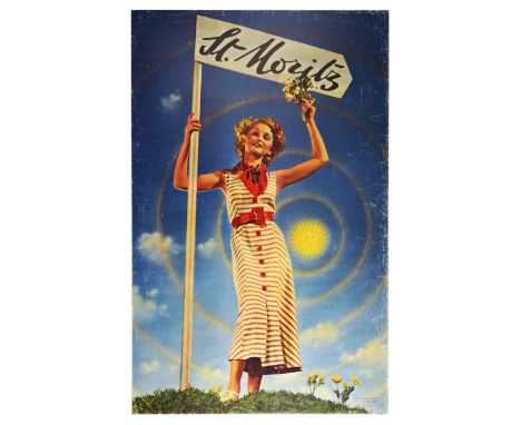 Original vintage travel poster promoting the summer travel to a popular ski resort town of St. Moritz in the Engadine, Switze