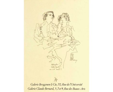 Original vintage advertising poster for arts exhibitions featuring a black sketch of two seated men with fingers interlocked 