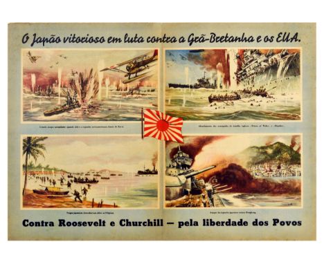 Original vintage World War Two anti-Allied Nazi propaganda poster issued in Portuguese titled Japan victorious in the fight a