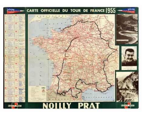 Original vintage sport poster Official map of the Tour de France 1955, with photographs of Tour de France locations - Pau, Ca