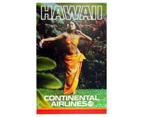 Original vintage travel poster issued by Continental Airlines promoting tourism to Hawaii featuring a photograph of a beautif