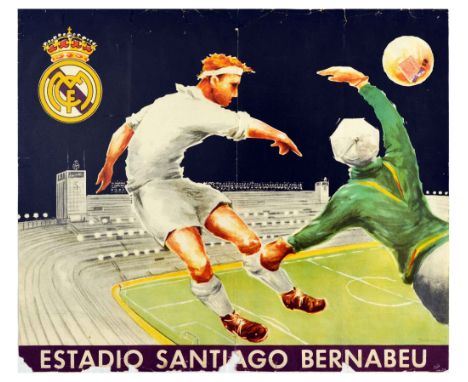 Original vintage sport poster for Estadio Santiago Bernabeu - Santiago Bernabeu Stadium, featuring a great dynamic illustrati