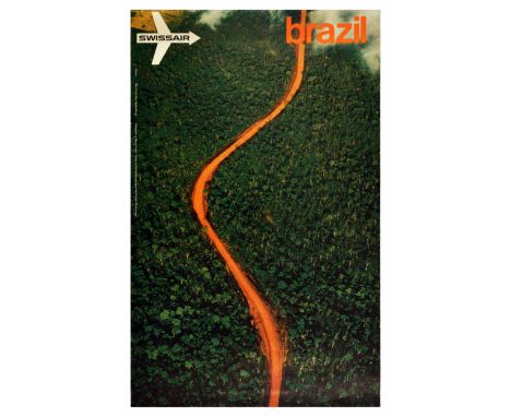 Original vintage travel poster advertising Brazil for Swissair. The striking photograph shows a bird’s eye view of the Mato G