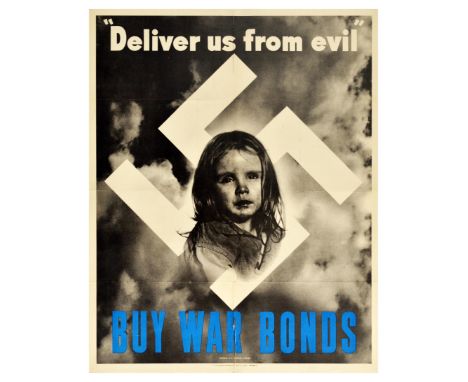 Original vintage World War Two propaganda poster promoting war bonds, issued by the US Treasury. “Deliver us from evil” Buy W