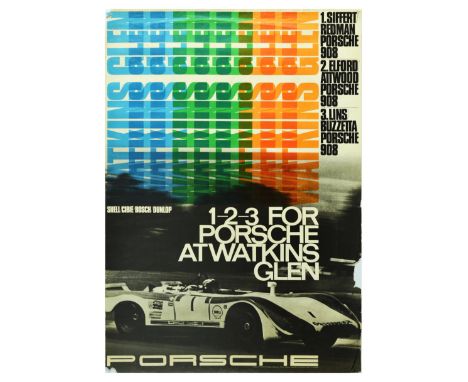 Original vintage motorsport poster celebrating the 1-2-3 For Porsche At Watkins Glen featuring a dynamic black and white phot