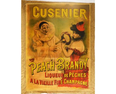 Original antique advertising poster for Cusenier Peach Brandy Liqueur de Peches A La Vieille Fine Champagne, featuring a dark