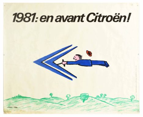 Original vintage advertising poster issued by Citroen - 1981: En avant Citroen! / 1981: Forward citroen! - featuring a cartoo