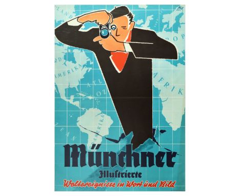 Original vintage advertising poster for the German magazine Munchner Illustrierte - Weltereignisse in Wort und Bild / World e