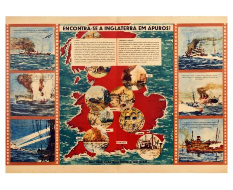 Original vintage World War Two Nazi propaganda poster issued in Portuguese titled Is England in trouble? Yea! Let each one fo