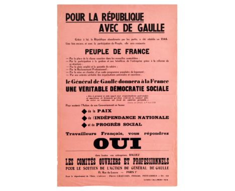 Original vintage propaganda poster in support of Charles de Gaulle: Pour la Republique avec De Gaulle / For the Republic with