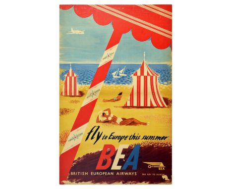 Original vintage travel poster issued by British European Airways – Fly to Europe this Summer BEA. The wonderful Midcentury M