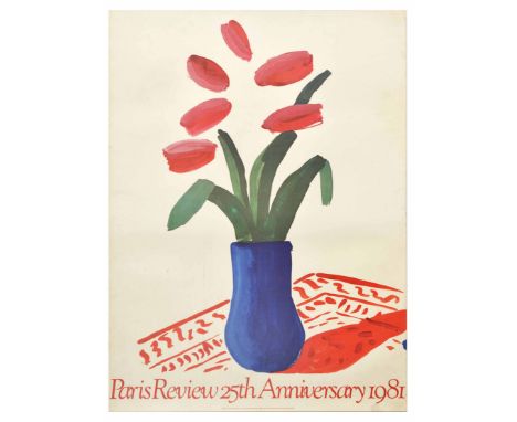 Original vintage advertising poster titled Paris Review 25th Anniversary 1981 featuring Flower Study - a blue vase with red t