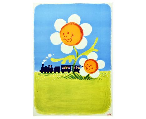 Original vintage advertising poster featuring a bright, fun and colourful illustration of two smiling daisies in a field and 