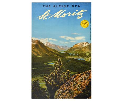 Original vintage travel poster promoting the Alpine Spa St Moritz with a photograph by Steiner. The photograph shows a valley