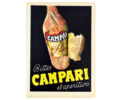 Original vintage double-sided advertising poster flyer for Bitter Campari el aperitivo - aperitif liquor, featuring a great d