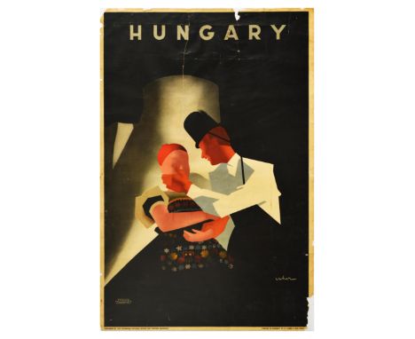 Original vintage travel poster advertising Hungary featuring a great design by Arisztid Uher, a poster artist known for his 1