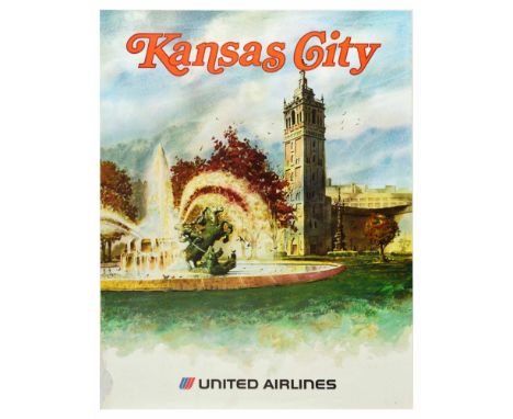 Original vintage travel poster for Kansas City - Fountain city issued by the United Airlines. Colourful image of J.C. Nichols
