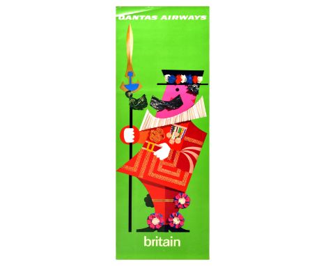 Original vintage travel poster - Qantas Airways Britain - featuring a colourful collage style design showing moustached Yeome