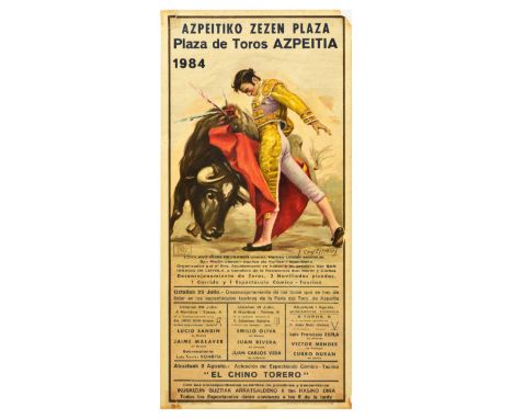 Original vintage advertising poster for bullfighting at Azpeitiko Zezen Plaza, a bullring in Gipuzkoa, Spain. A dramatic imag