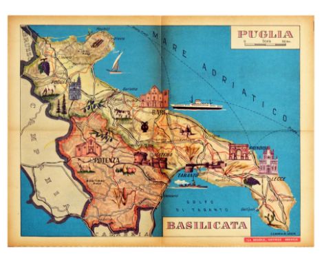 Original vintage poster featuring a map of Puglia / Apulia and Basilicata / Lucania regions in the southern peninsula section