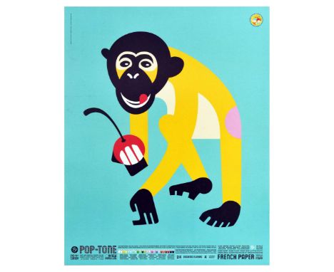 Original vintage advertising poster for Pop-Tone by French Paper, featuring a colourful pop art illustration of a yellow monk