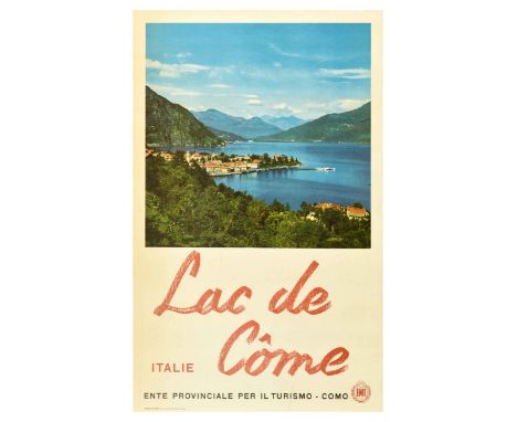 Original vintage ENIT travel poster inviting to visit Lake Como in Italy, featuring a photograph of a stunning view of red ro