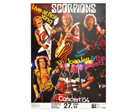 Original vintage advertising poster for German heavy metal band Scorpions Love at First Sting 1984 Concert in support of thei